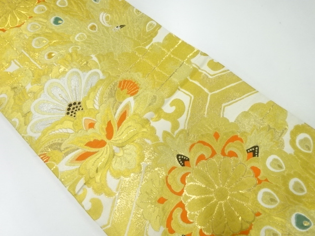 JAPANESE KIMONO / ANTIQUE MARU OBI / WOVEN PEACOCK & FLORAL ARABESQUE